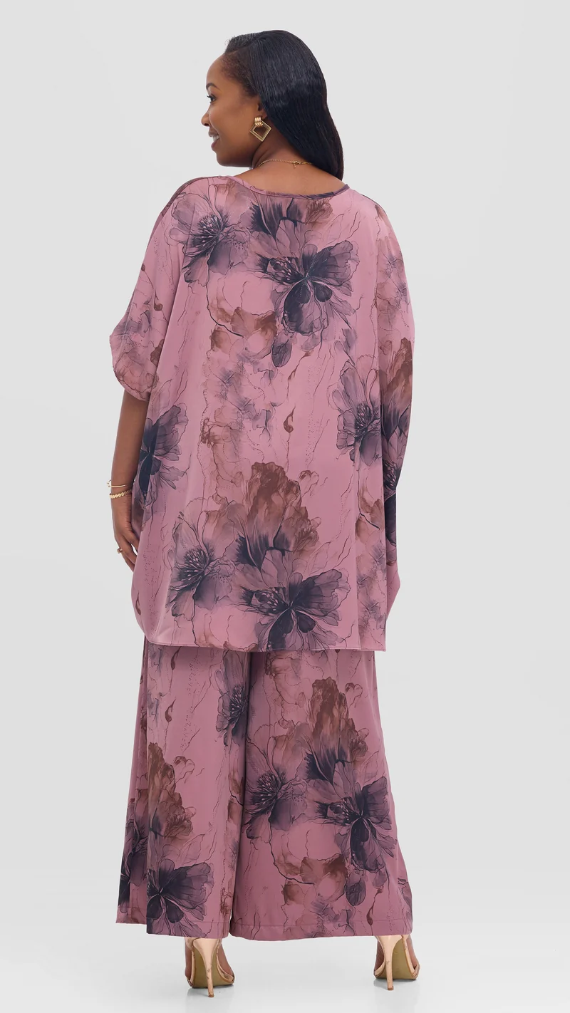 Vivo Ruched Maxi Top in Textured Satin - Rose Pink / Black Print