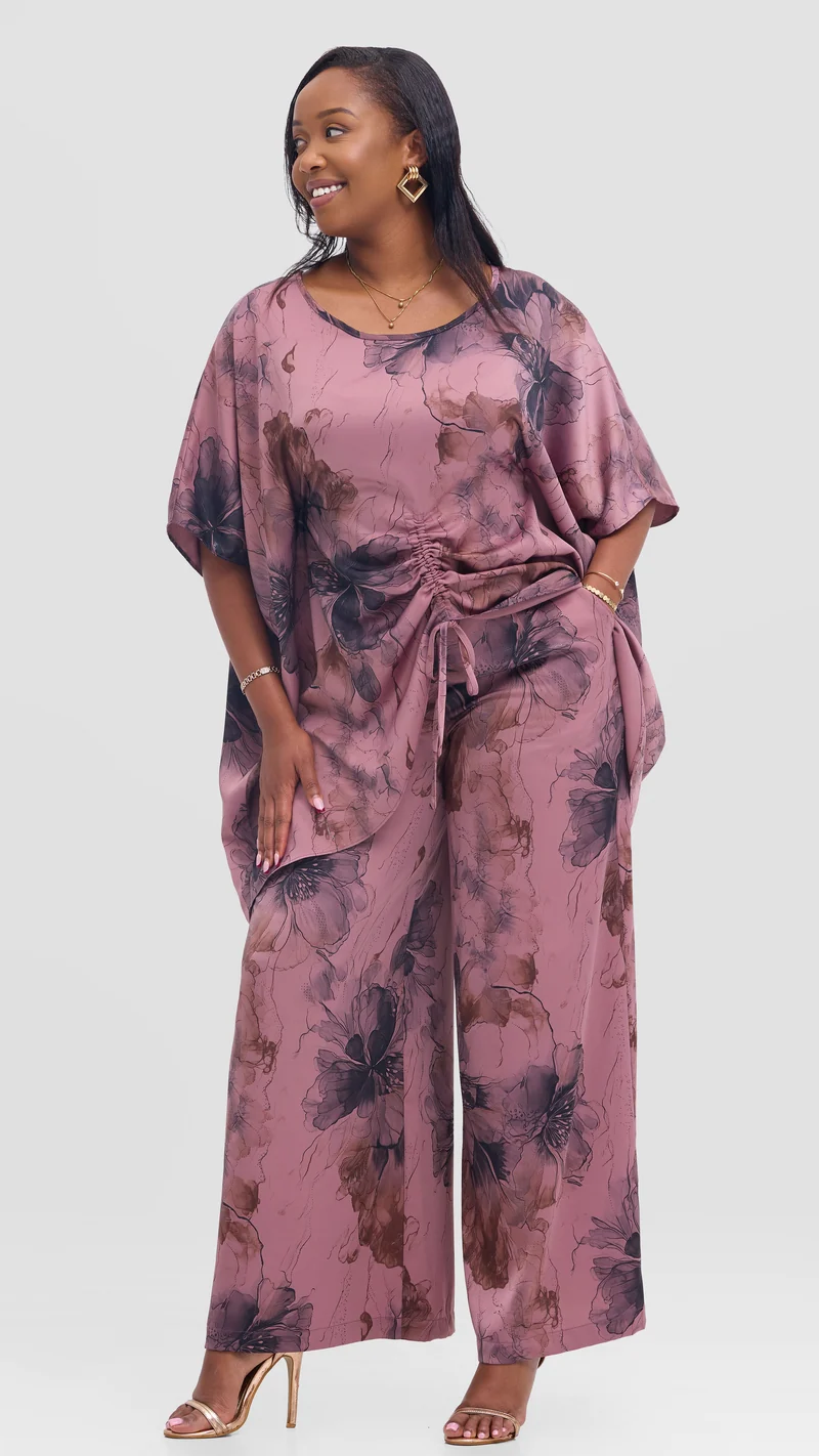 Vivo Ruched Maxi Top in Textured Satin - Rose Pink / Black Print