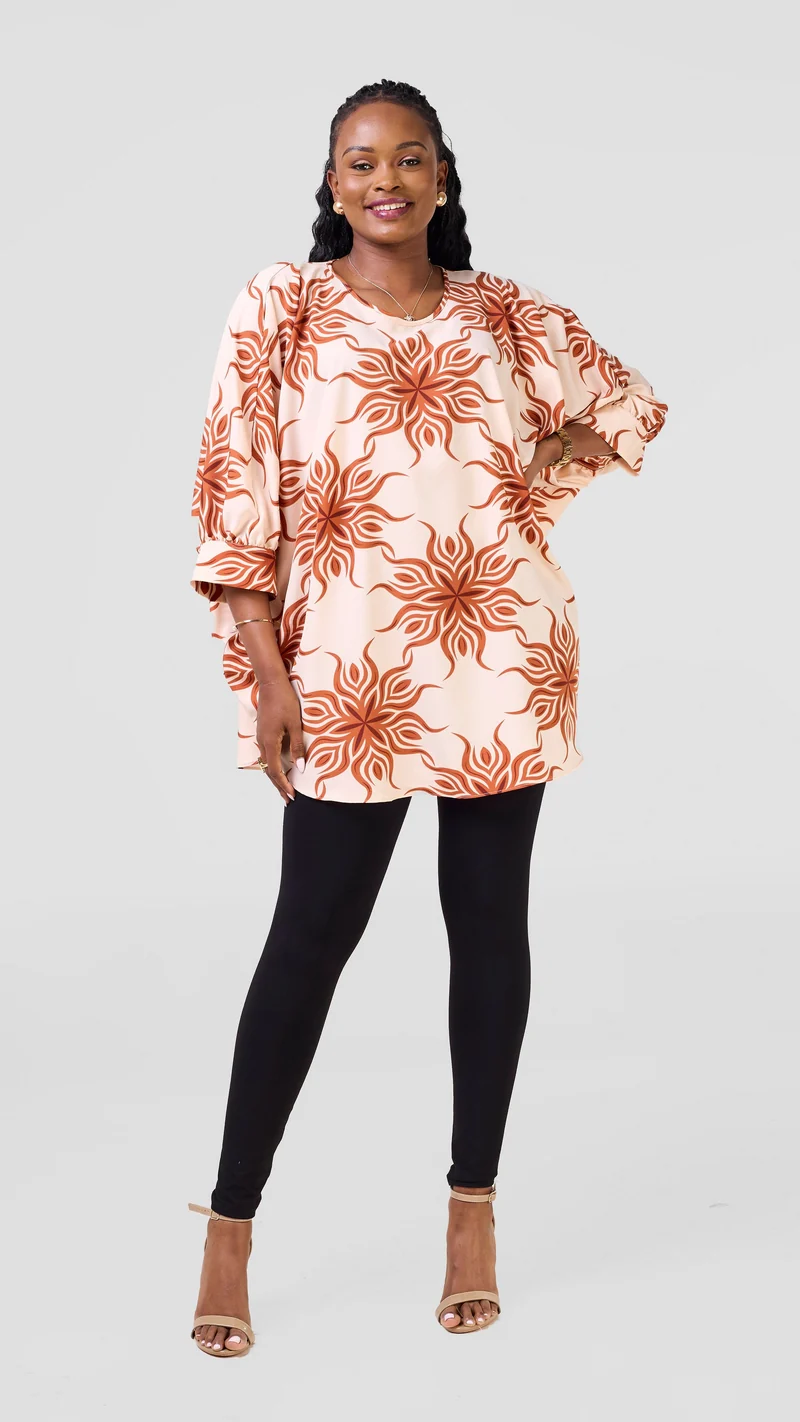 Vivo Mistari Gathered Sleeve Top - Cream / Rust Print