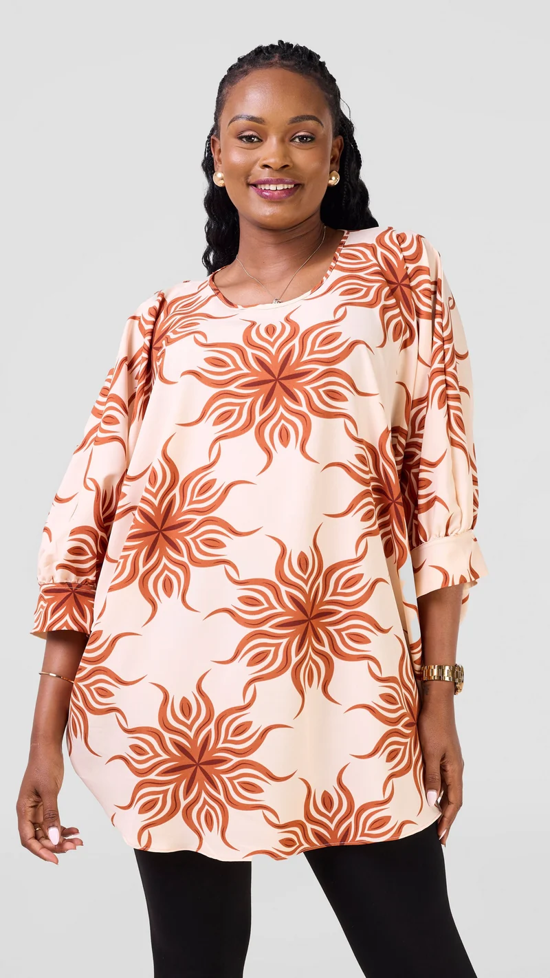 Vivo Mistari Gathered Sleeve Top - Cream / Rust Print