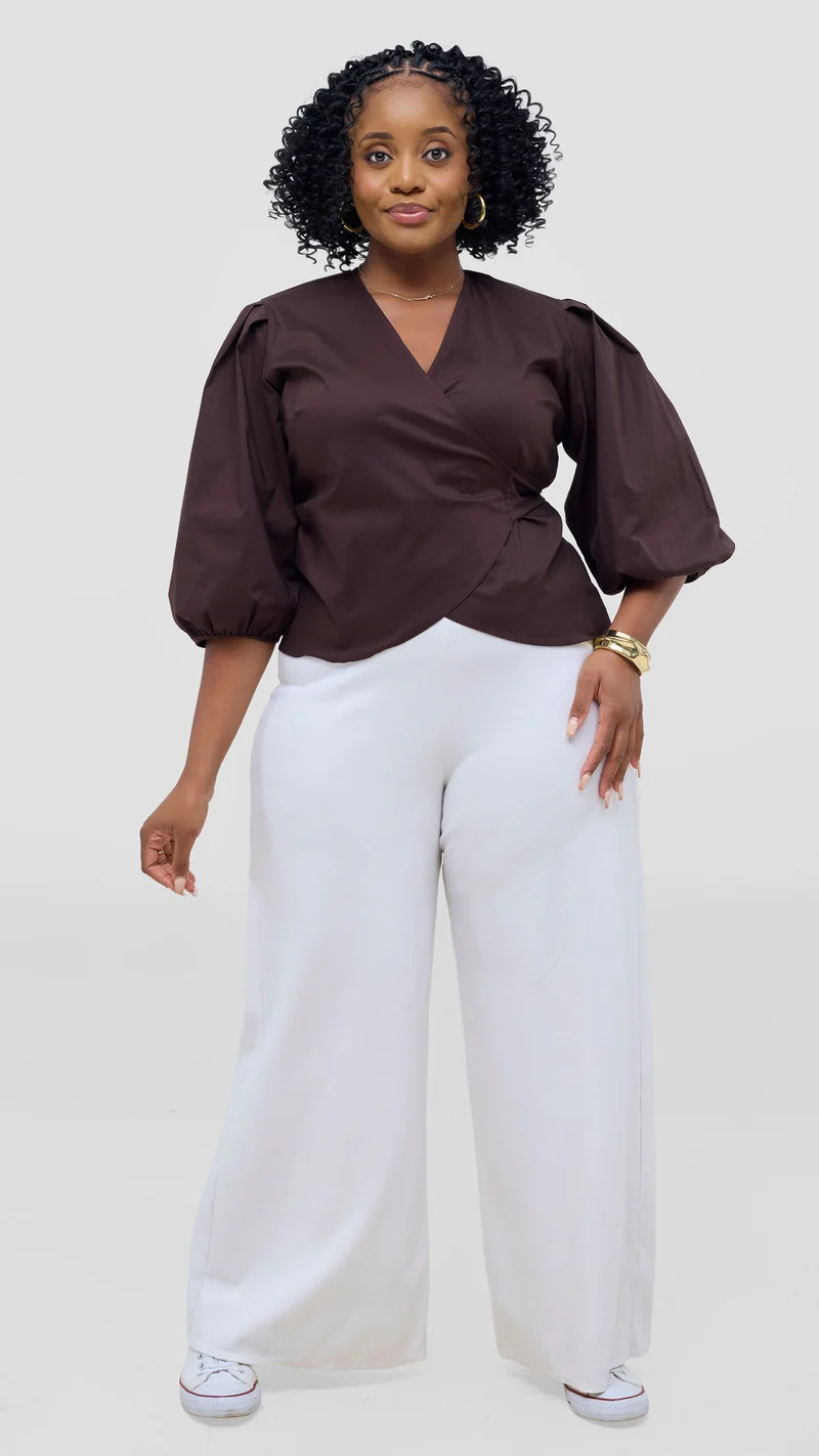 Vivo 3/4 Sleeve Wrap Top in Cotton - Chocolate