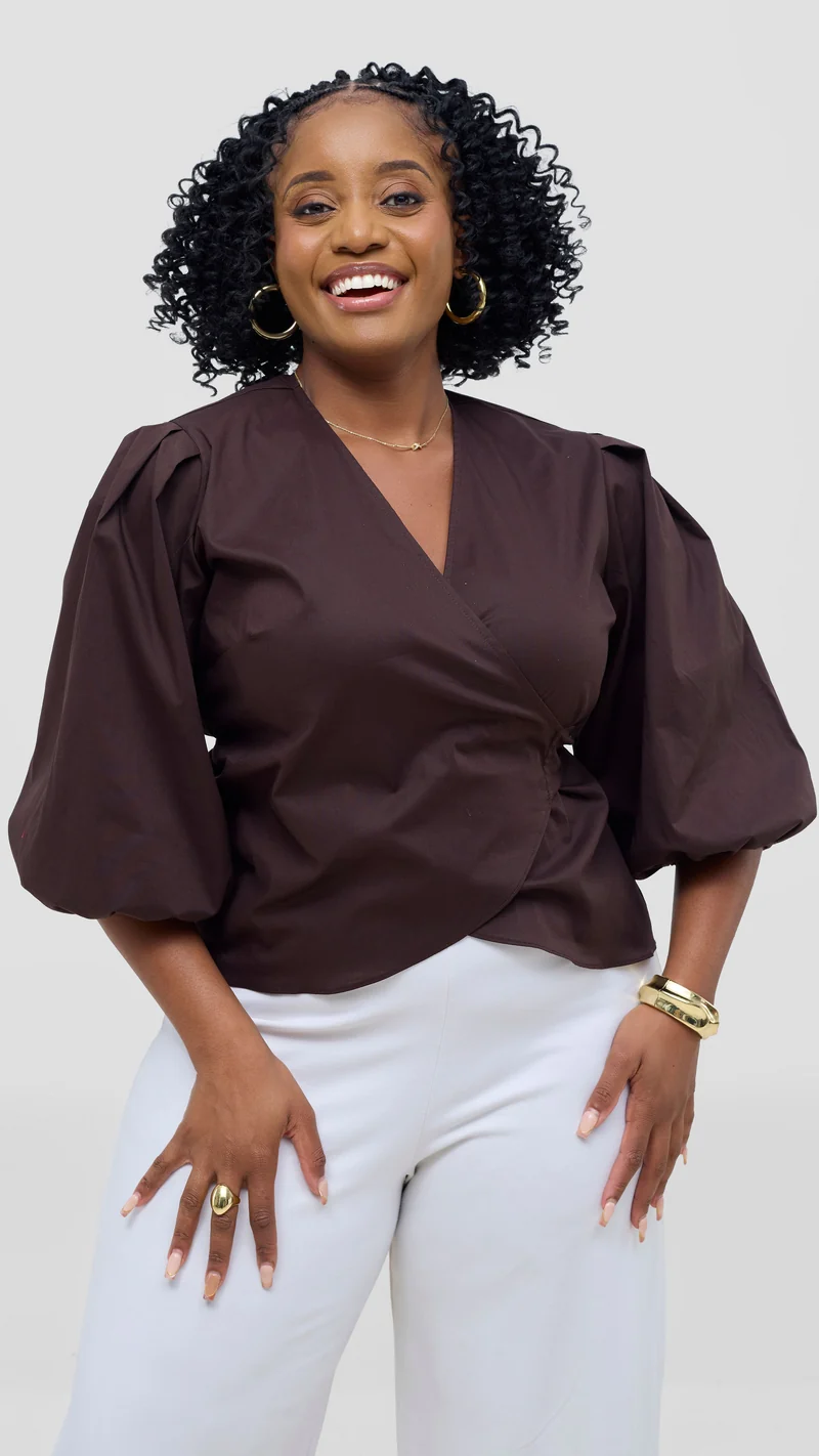 Vivo 3/4 Sleeve Wrap Top in Cotton - Chocolate