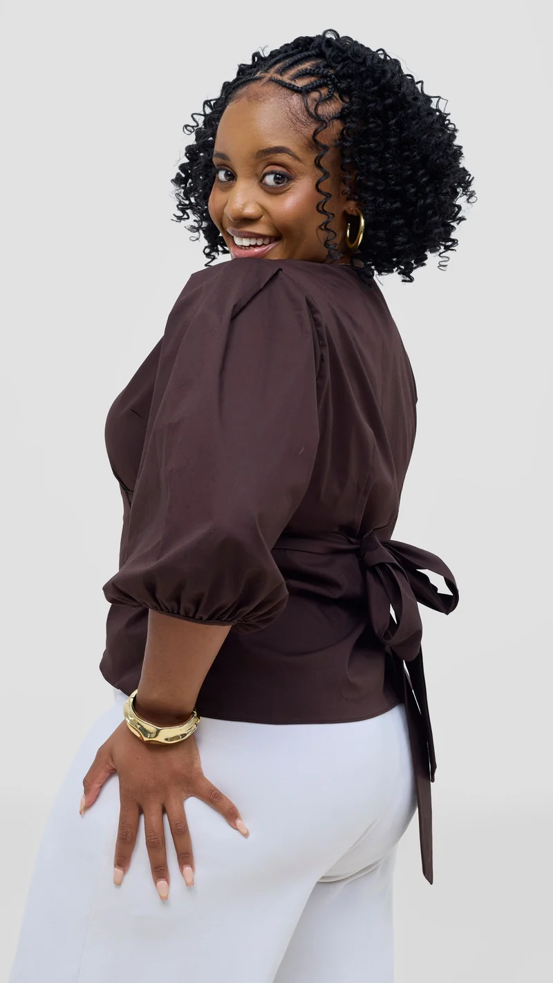 Vivo 3/4 Sleeve Wrap Top in Cotton - Chocolate