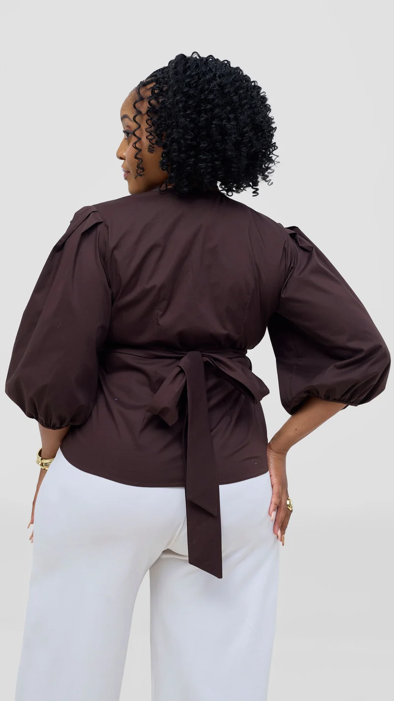 Vivo 3/4 Sleeve Wrap Top in Cotton - Chocolate