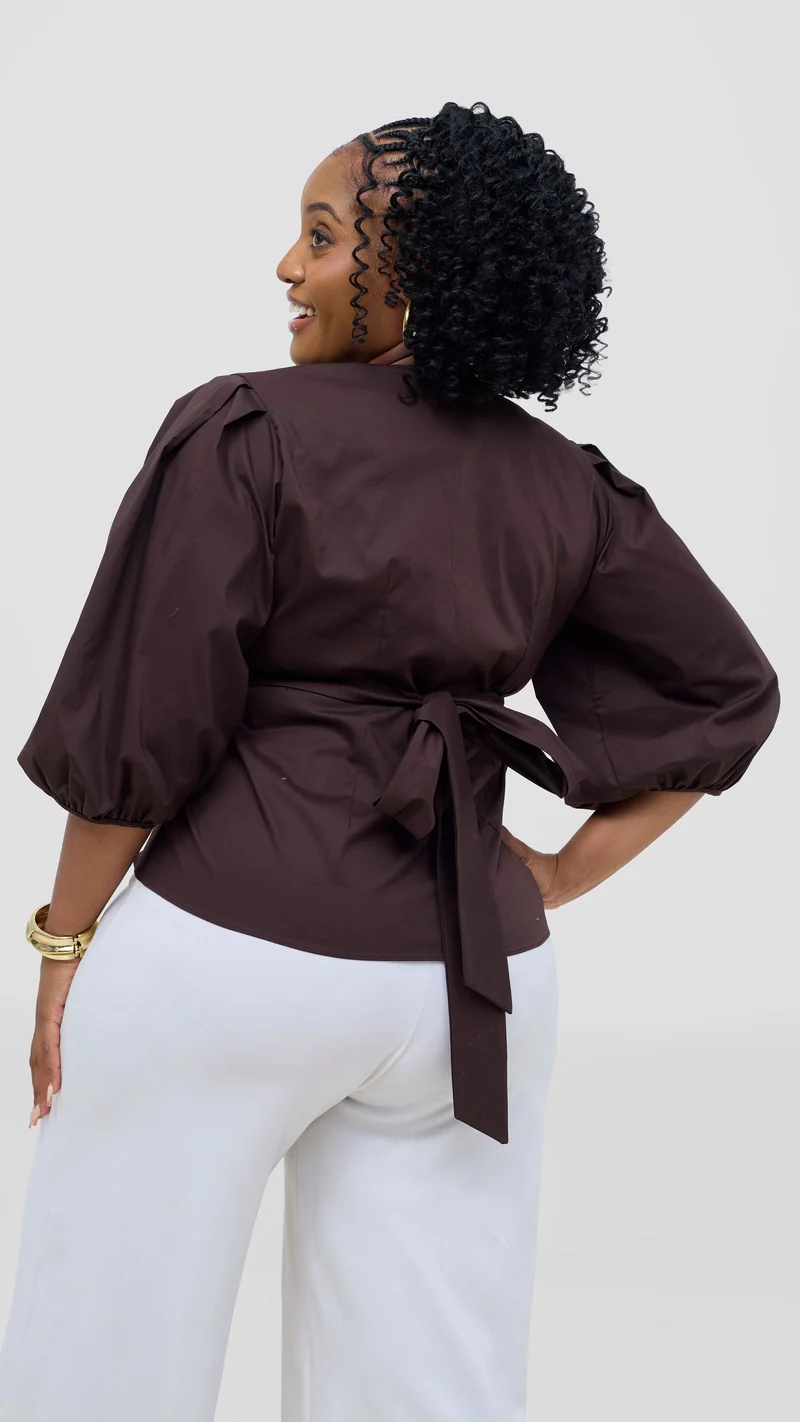 Vivo 3/4 Sleeve Wrap Top in Cotton - Chocolate