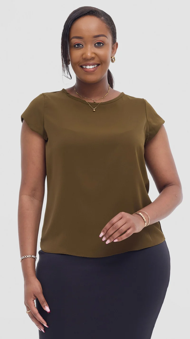 Vivo Basic Cap Sleeve Top in Crepe - Dark Olive