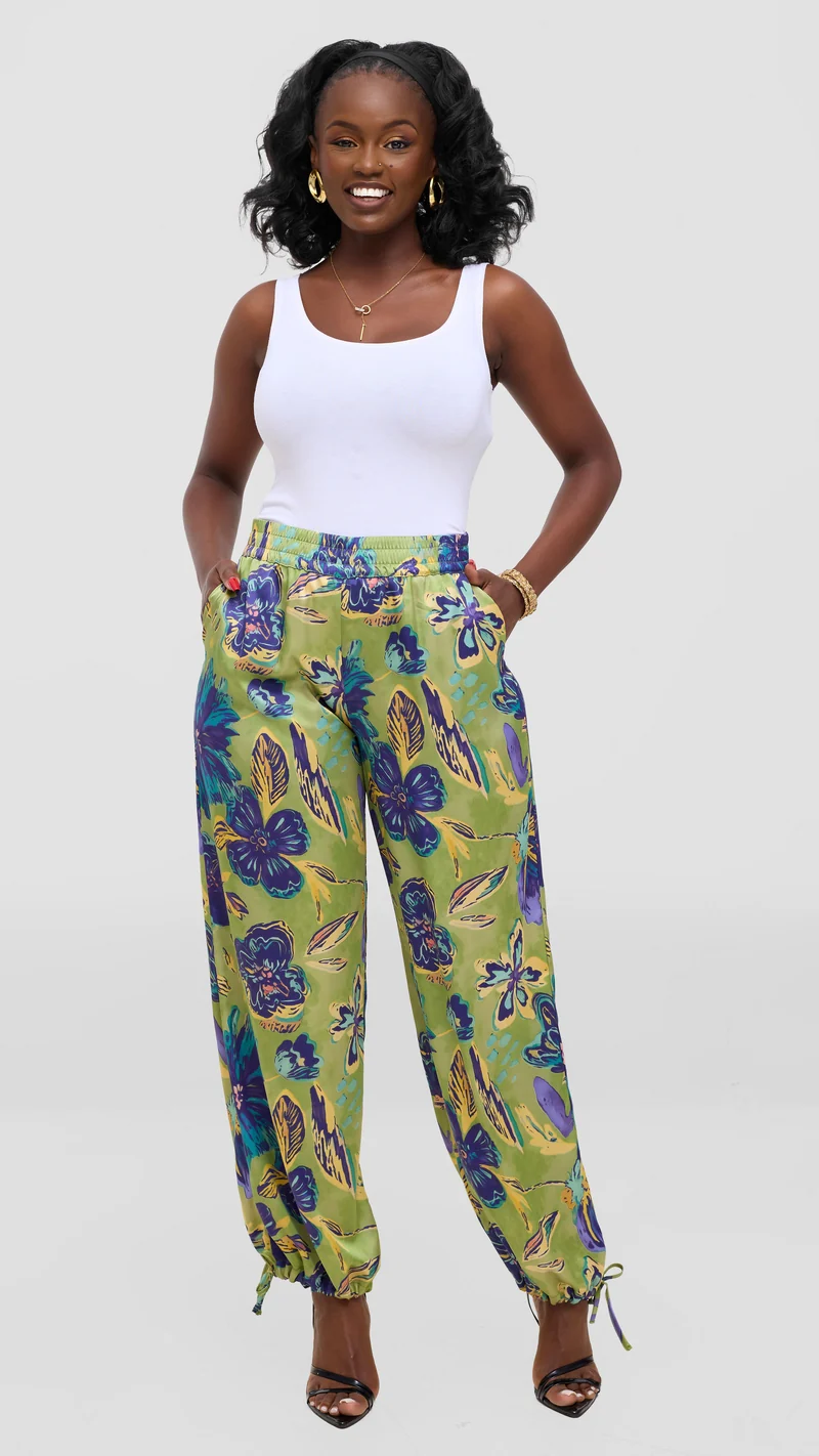 Vivo Liora Drawstring Pants In Satin - Olive / Purple Print