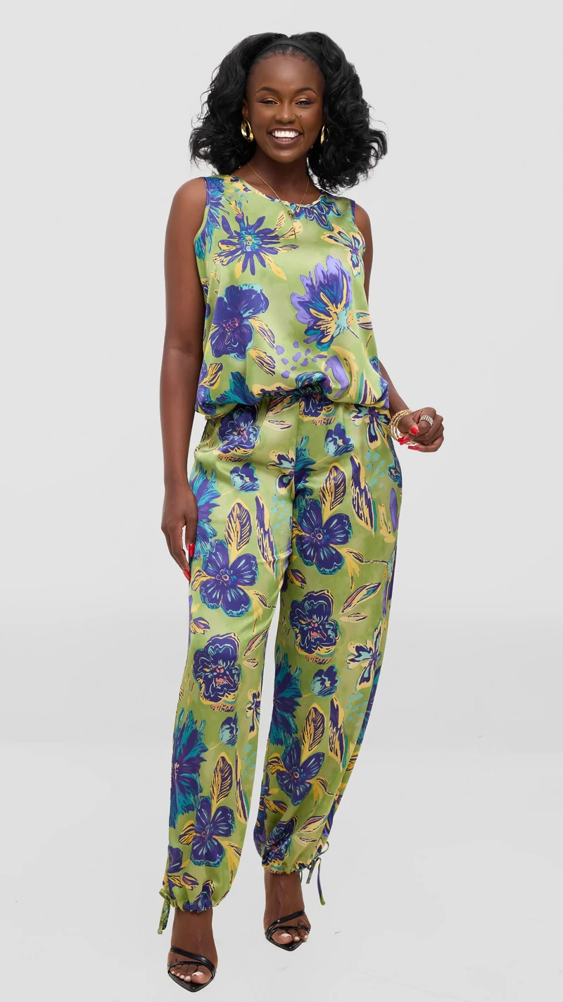 Vivo Liora Drawstring Pants In Satin - Olive / Purple Print