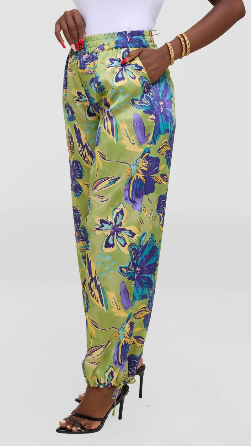 Vivo Liora Drawstring Pants In Satin - Olive / Purple Print