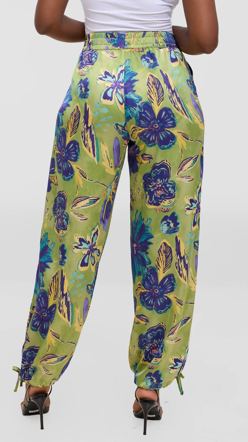 Vivo Liora Drawstring Pants In Satin - Olive / Purple Print