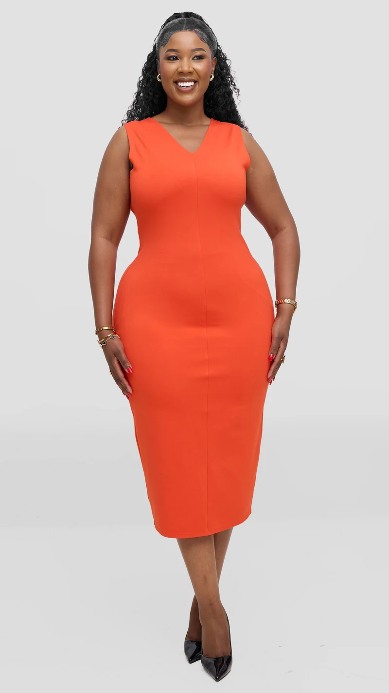 Vivo Aleri Front Slit Sheath Dress In Ponte - Orange