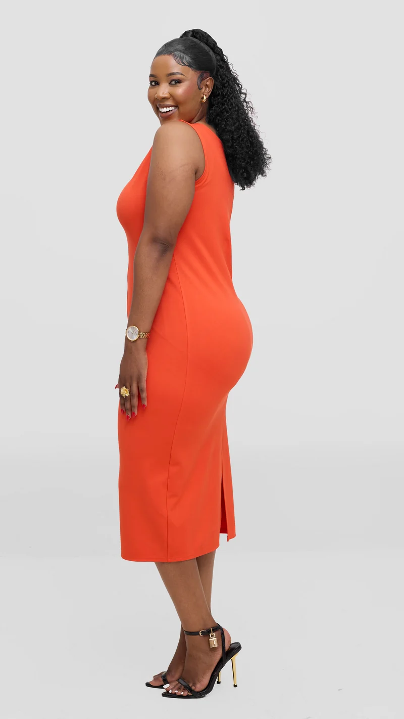 Vivo Aleri Front Slit Sheath Dress In Ponte - Orange