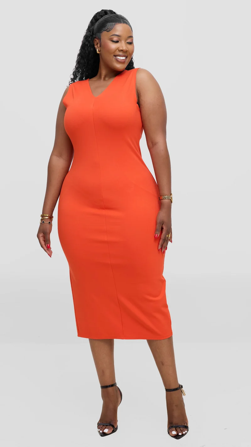 Vivo Aleri Front Slit Sheath Dress In Ponte - Orange