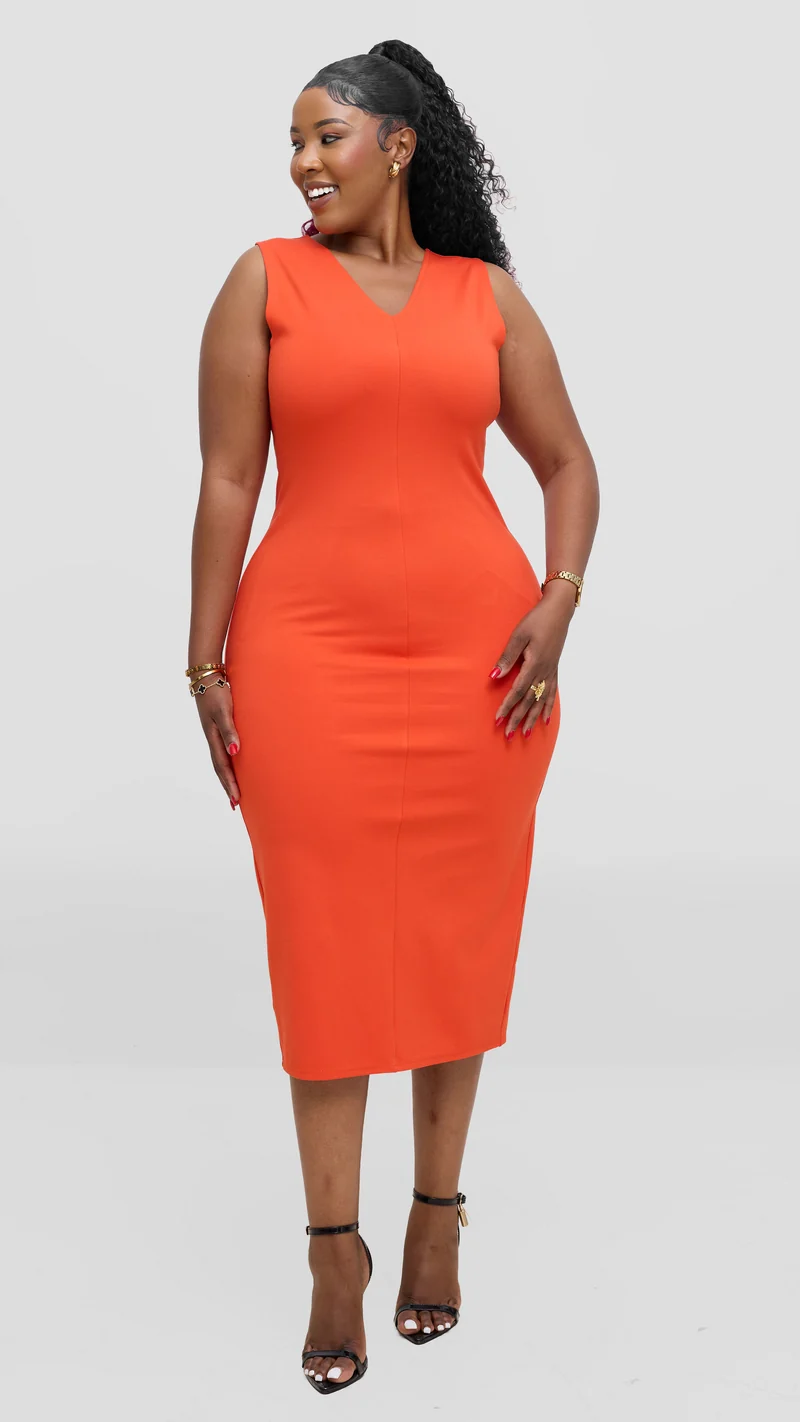 Vivo Aleri Front Slit Sheath Dress In Ponte - Orange