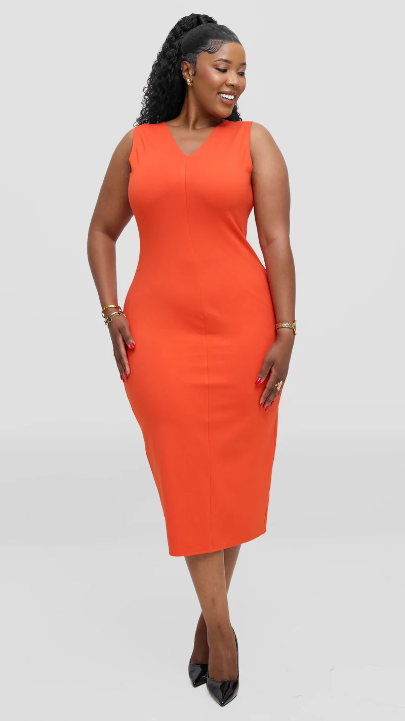Vivo Aleri Front Slit Sheath Dress In Ponte - Orange