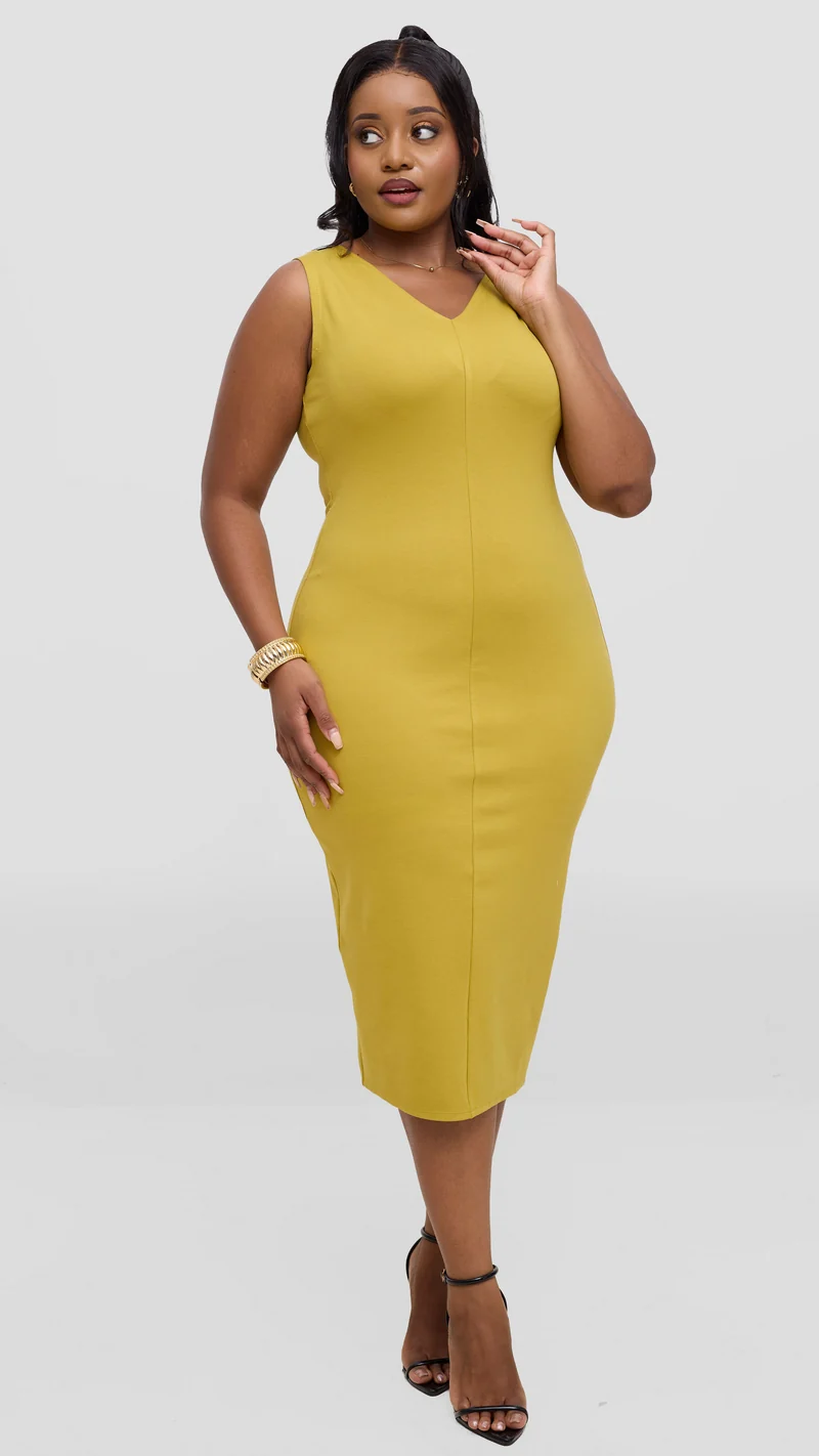 Vivo Aleri Front Slit Sheath Dress In Ponte - Olive