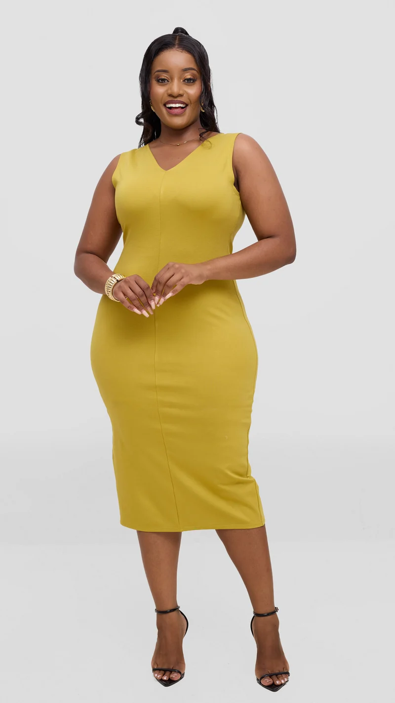 Vivo Aleri Front Slit Sheath Dress In Ponte - Olive