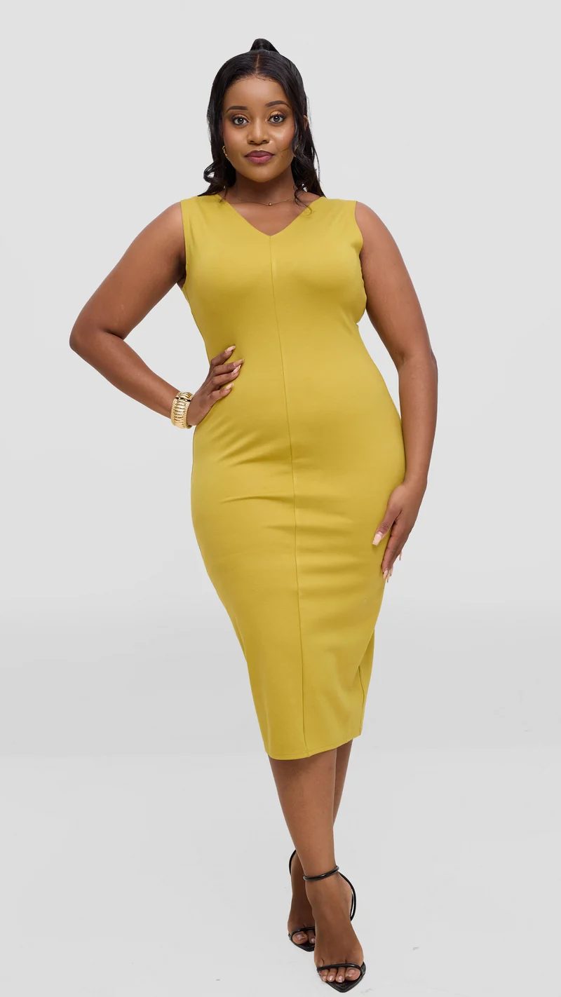 Vivo Aleri Front Slit Sheath Dress In Ponte - Olive
