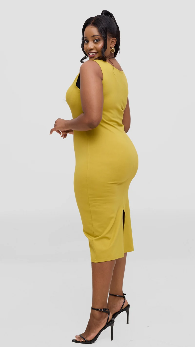Vivo Aleri Front Slit Sheath Dress In Ponte - Olive