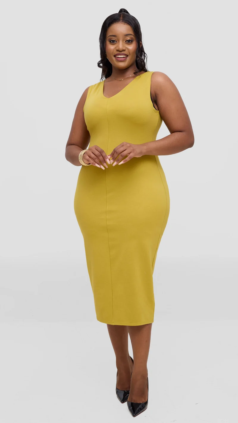 Vivo Aleri Front Slit Sheath Dress In Ponte - Olive