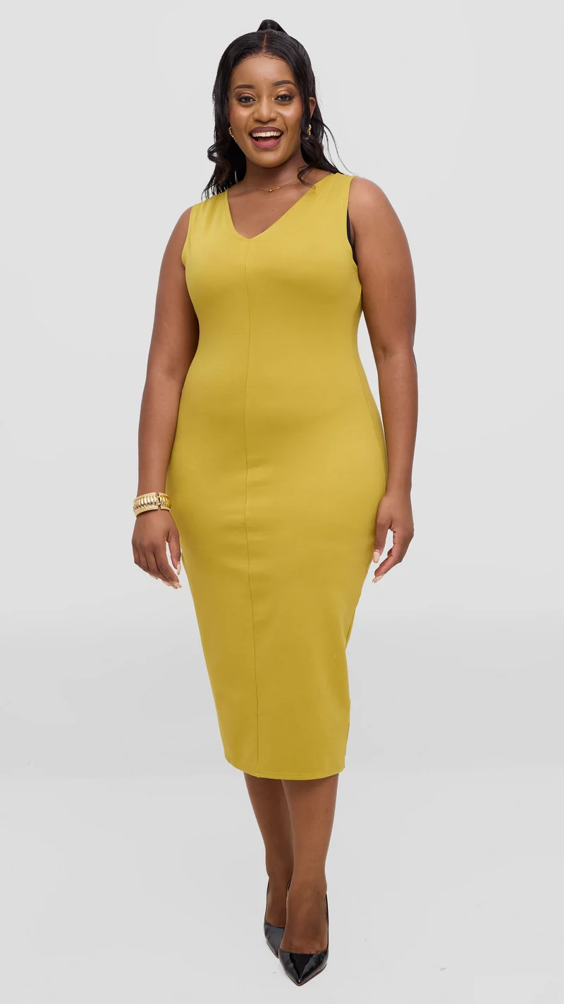 Vivo Aleri Front Slit Sheath Dress In Ponte - Olive