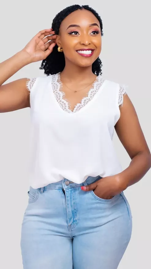 The Fashion Frenzy Lace Trim Sleeveless Top - White