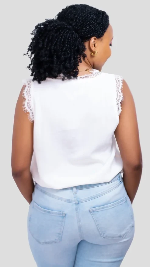 The Fashion Frenzy Lace Trim Sleeveless Top - White