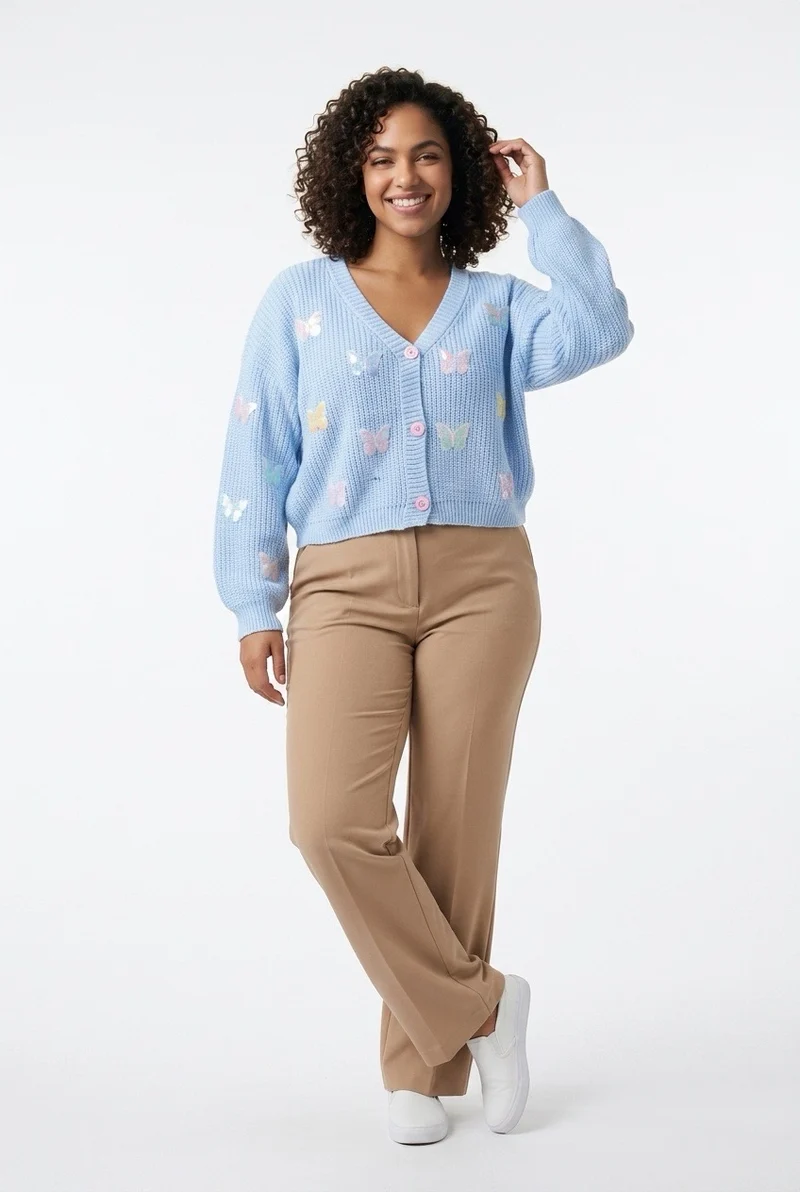 Stylish Sisters Butterfly Embroidered V-Neck Knit Cardigan - Blue