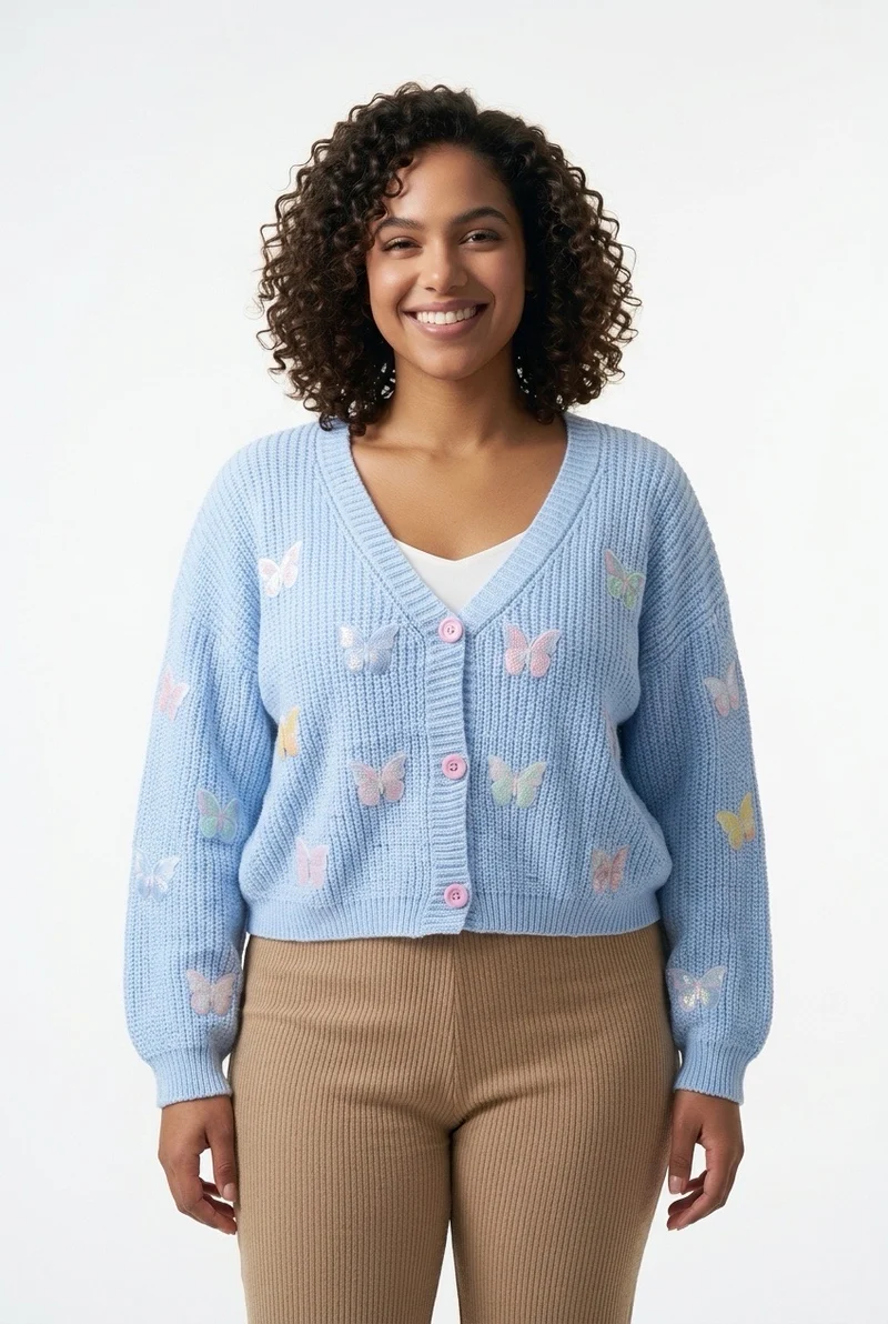 Stylish Sisters Butterfly Embroidered V-Neck Knit Cardigan - Blue