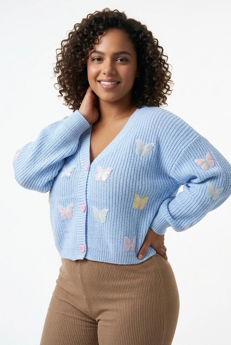 Stylish Sisters Butterfly Embroidered V-Neck Knit Cardigan - Blue