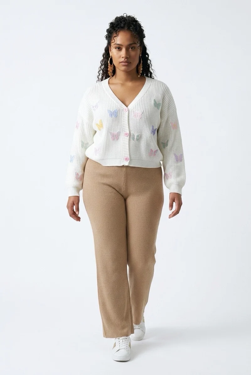 Stylish Sisters Butterfly Embroidered V-Neck Knit Cardigan - White