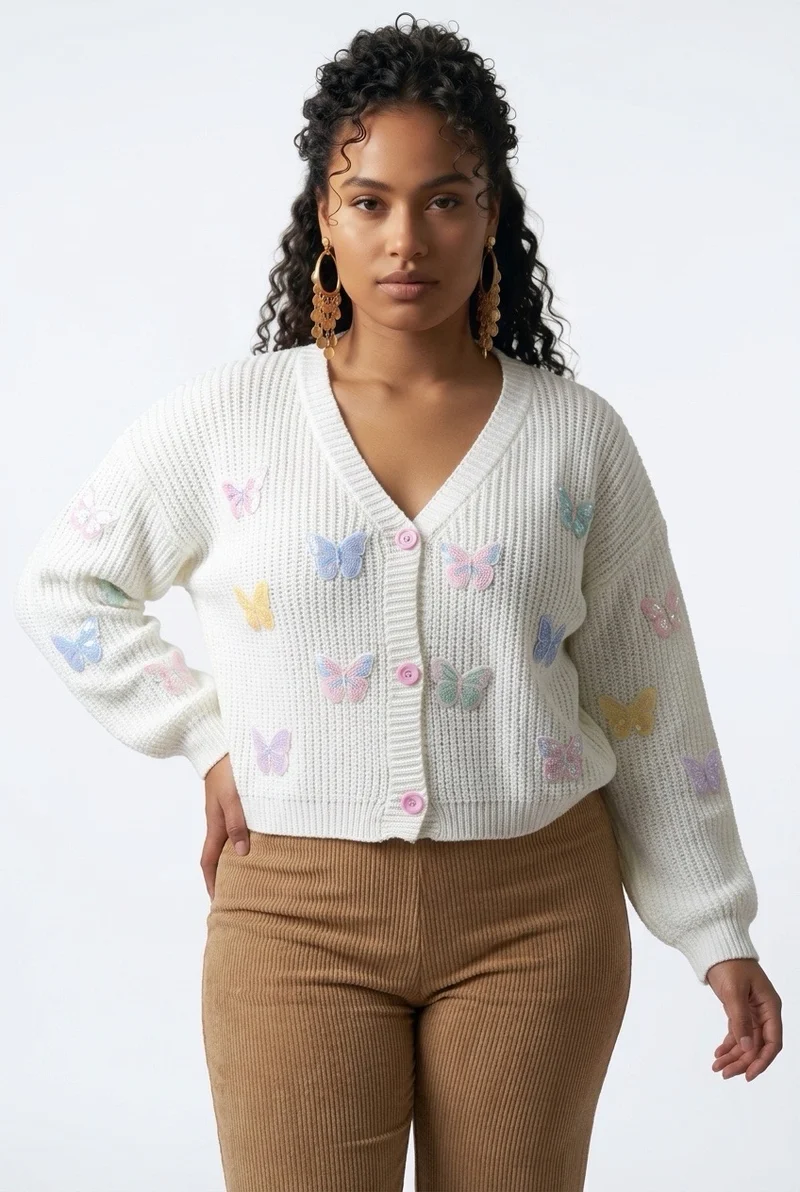 Stylish Sisters Butterfly Embroidered V-Neck Knit Cardigan - White
