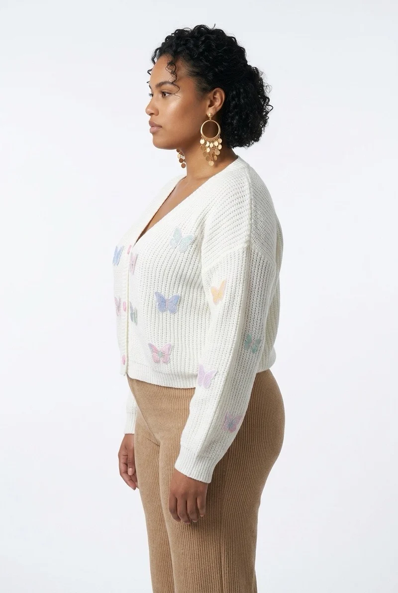 Stylish Sisters Butterfly Embroidered V-Neck Knit Cardigan - White