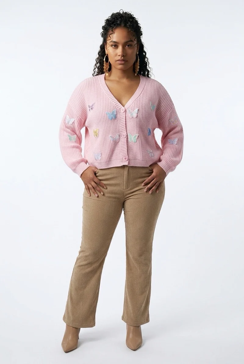 Stylish Sisters Butterfly Embroidered V-Neck Knit Cardigan - Pink