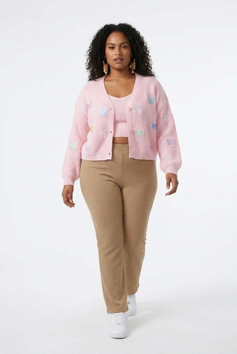 Stylish Sisters Butterfly Embroidered V-Neck Knit Cardigan - Pink