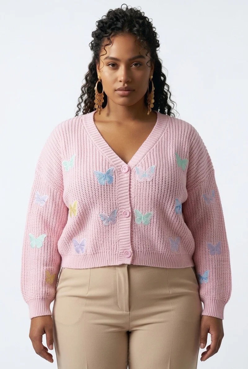 Stylish Sisters Butterfly Embroidered V-Neck Knit Cardigan - Pink