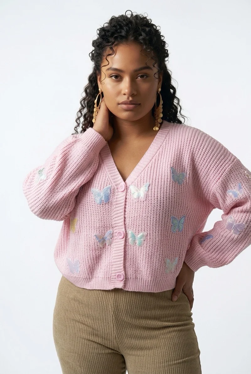 Stylish Sisters Butterfly Embroidered V-Neck Knit Cardigan - Pink