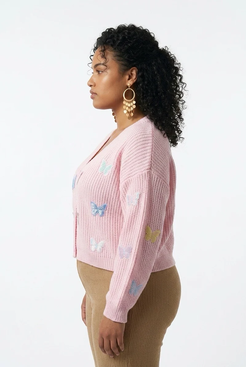 Stylish Sisters Butterfly Embroidered V-Neck Knit Cardigan - Pink