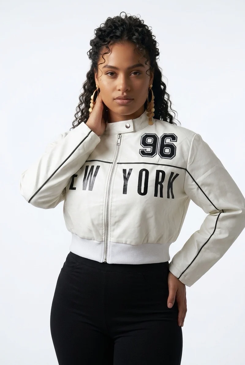 Stylish Sisters Stand Collar Letter Print Cropped Leather Jacket - White