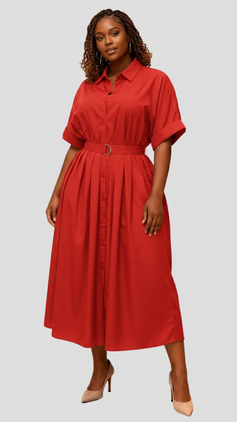 The Fashion Frenzy Aria Belted Maxi Shirt Dress - Red
