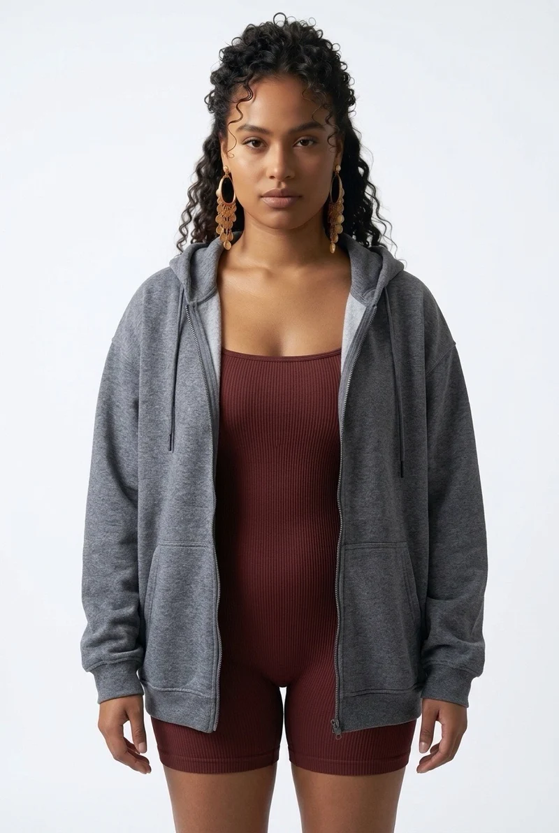 Stylish Sisters Full-Zip Fleece Hoodie Jacket - Dark Grey
