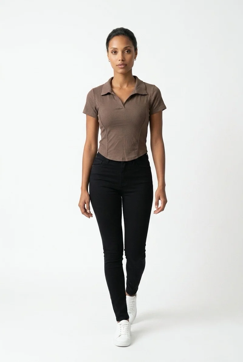 Stylish Sisters Corset-Style Curved Hem Polo Top - Brown