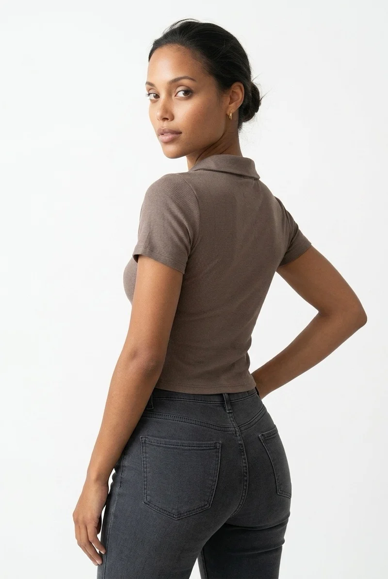 Stylish Sisters Corset-Style Curved Hem Polo Top - Brown