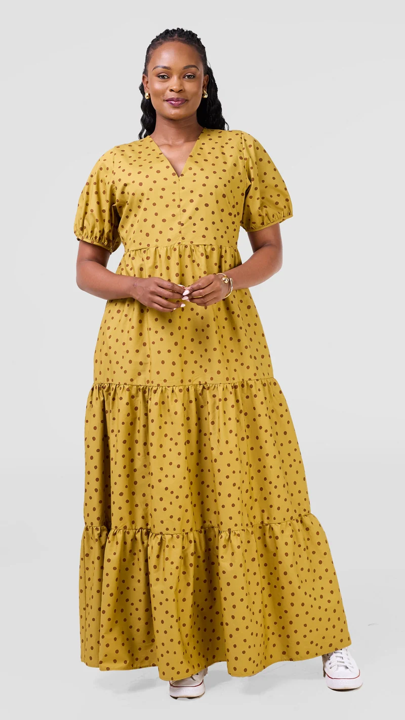 Safari Nazari Three Tiered Maxi Dress - Mustard / Brown Polka Dot Print
