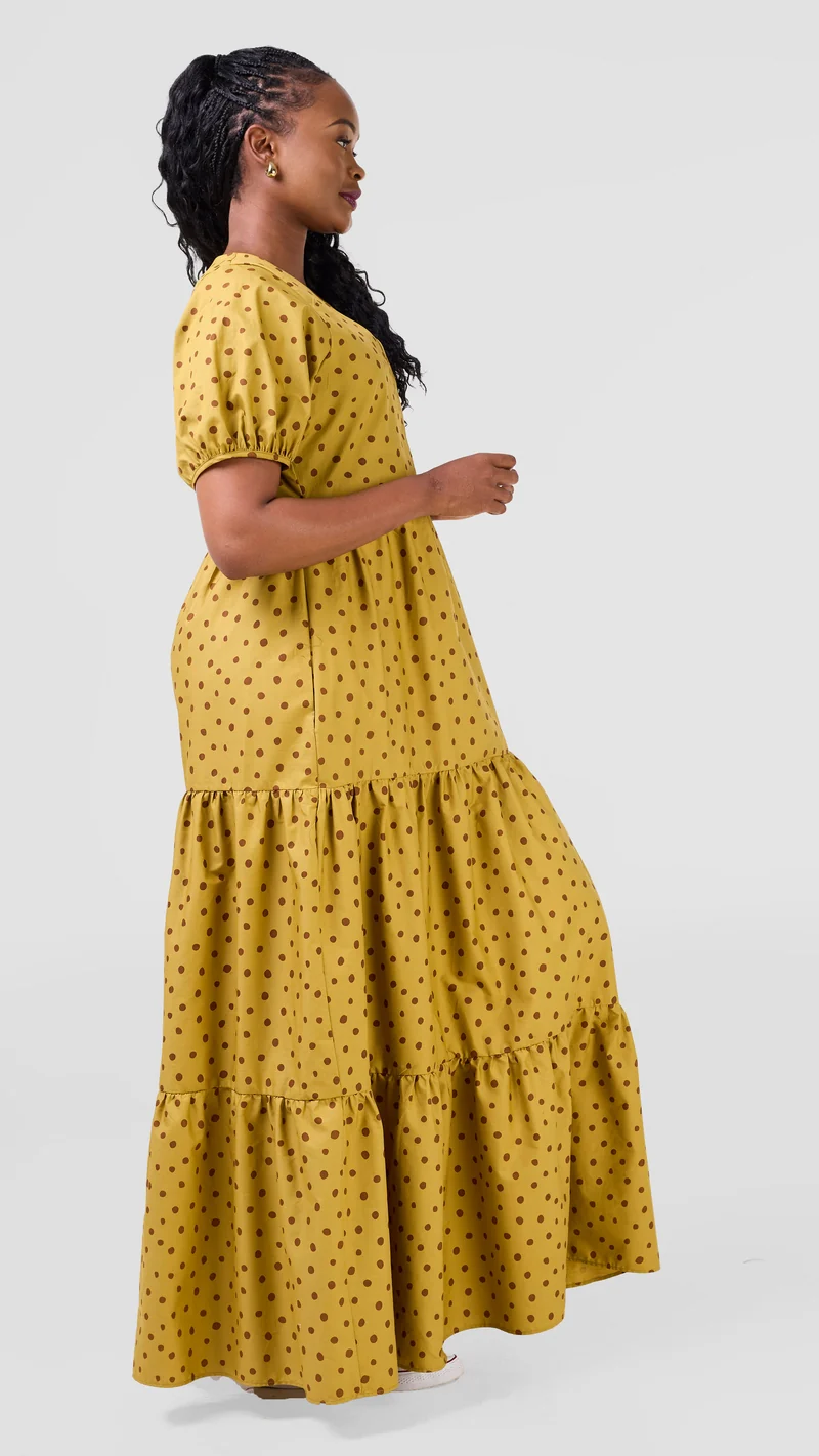 Safari Nazari Three Tiered Maxi Dress - Mustard / Brown Polka Dot Print