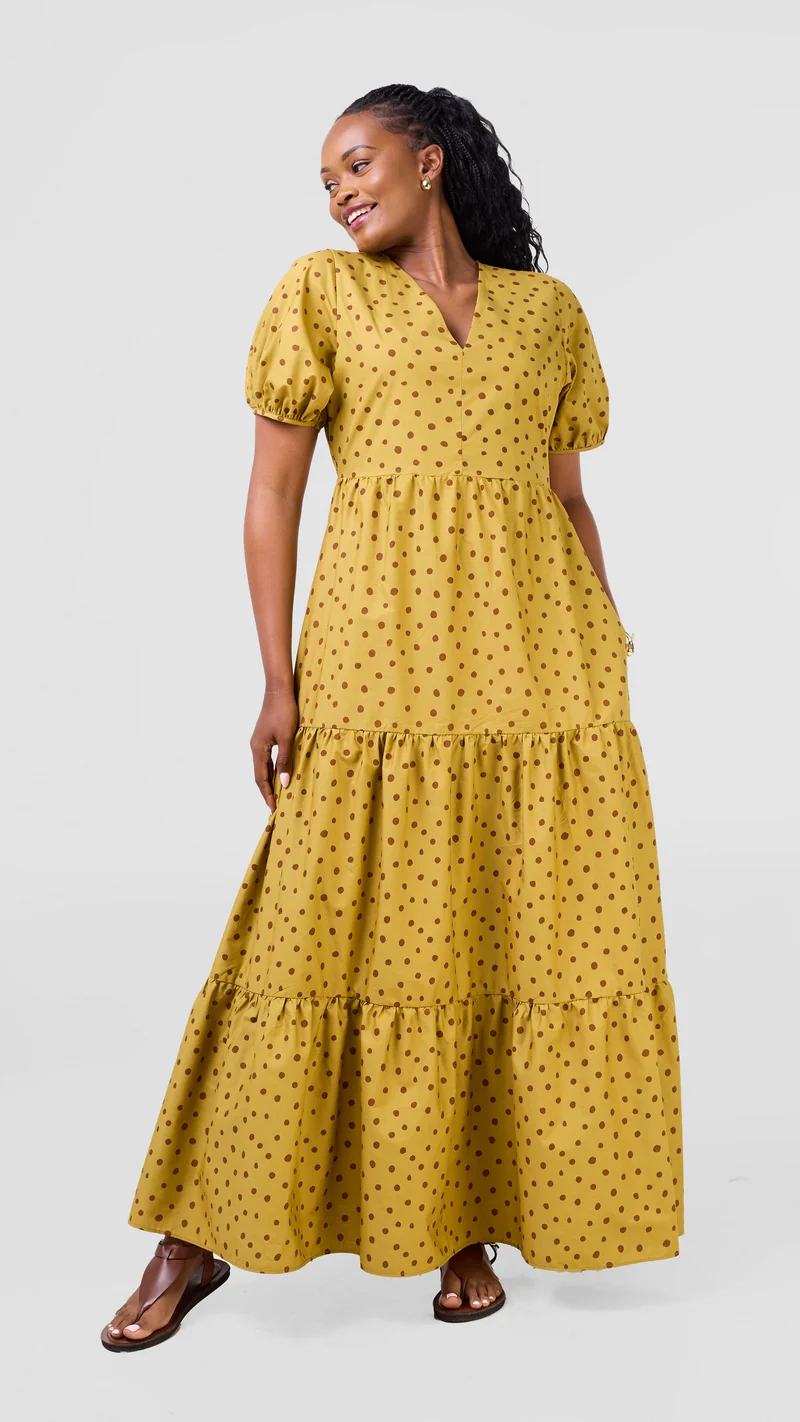 Safari Nazari Three Tiered Maxi Dress - Mustard / Brown Polka Dot Print