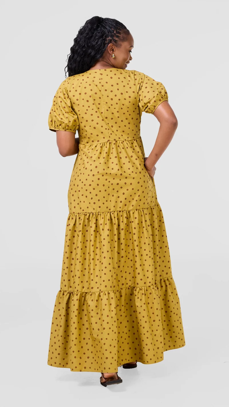 Safari Nazari Three Tiered Maxi Dress - Mustard / Brown Polka Dot Print