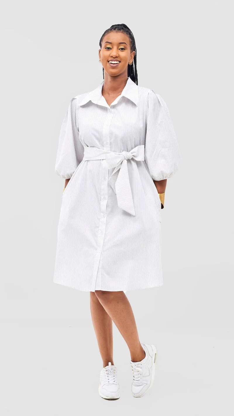Safari Naledi 3/4 Sleeve Tent Dress - White Pinstripes Print