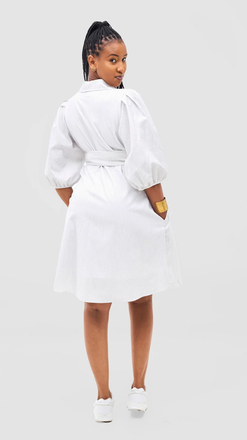 Safari Naledi 3/4 Sleeve Tent Dress - White Pinstripes Print