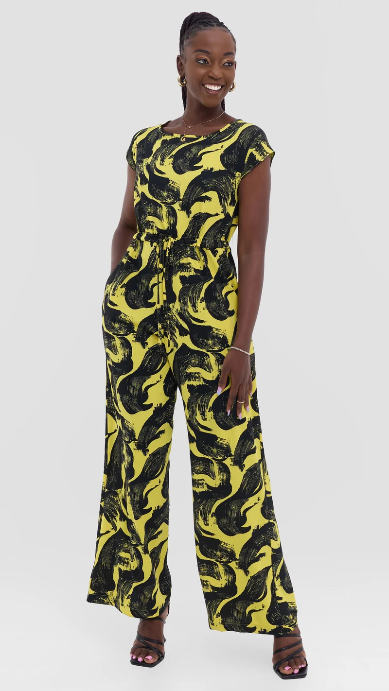 Vivo Sakari Drop Shoulder Jumpsuit in Crepe - Yellow / Black Print
